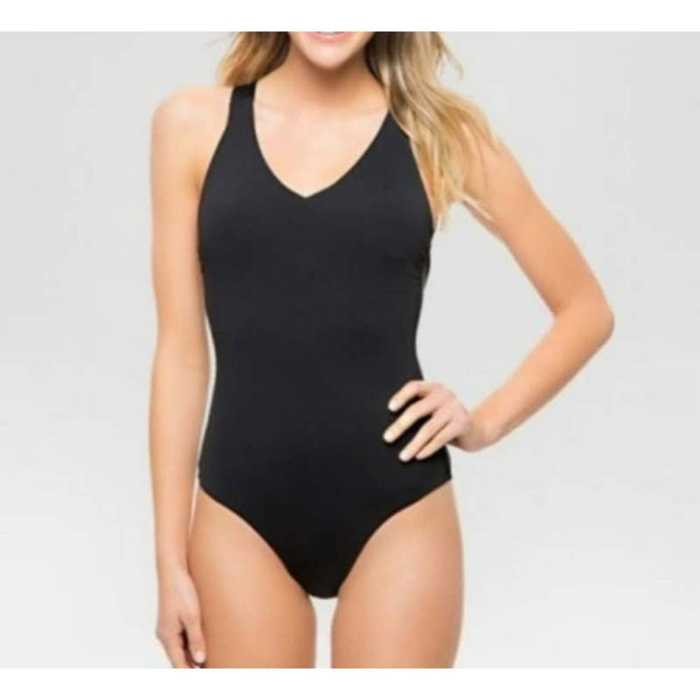 Sunn Lab Swim Black Strappy Back One Piece Swimsuit Plunge Neck Size Medium